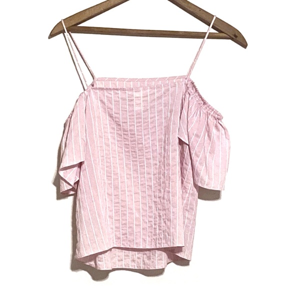 H&M Pink Stripe Off-Shoulder Top Short Sleeve Off-The-Shoulder Pinstripe Blouse - Picture 12 of 15